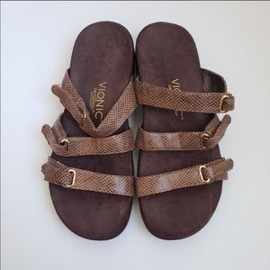 Vionic 3 Strap Brown Snakeskin Slides Sandals